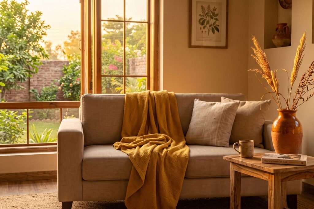 Boho living room ideas with terracotta and mustard color accents