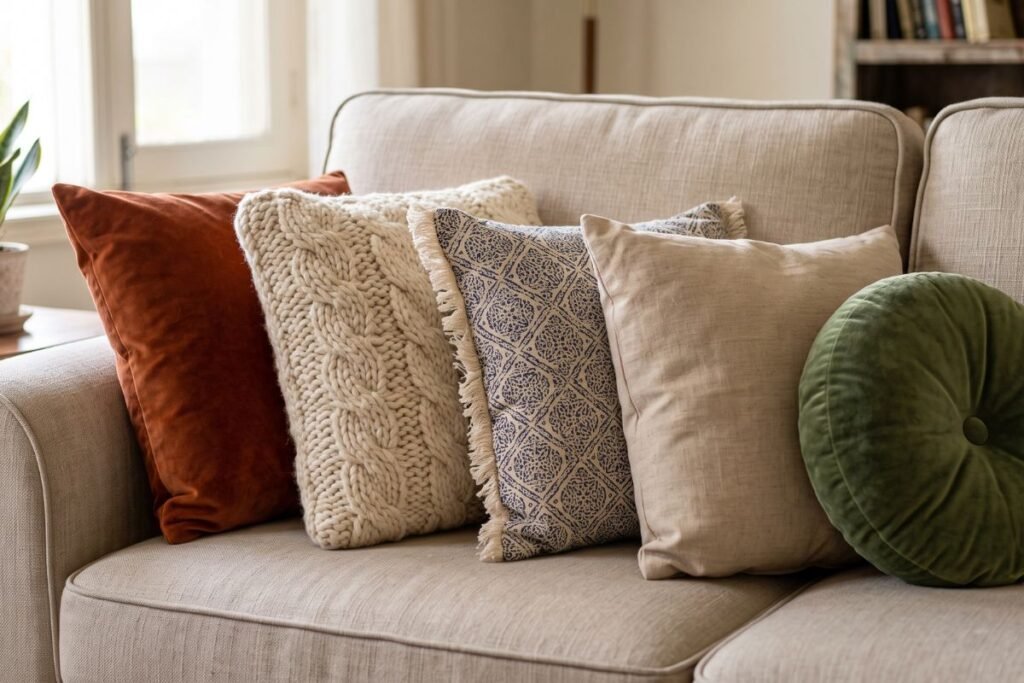 Boho living room ideas with mixed textured throw pillows on a sofa
