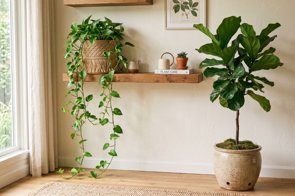 Boho living room ideas with trailing pothos and a fiddle leaf fig