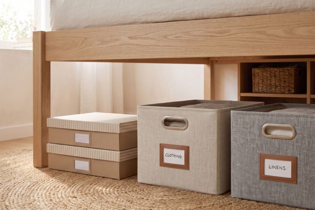 Under bed storage solutions in a small apartment bedroom