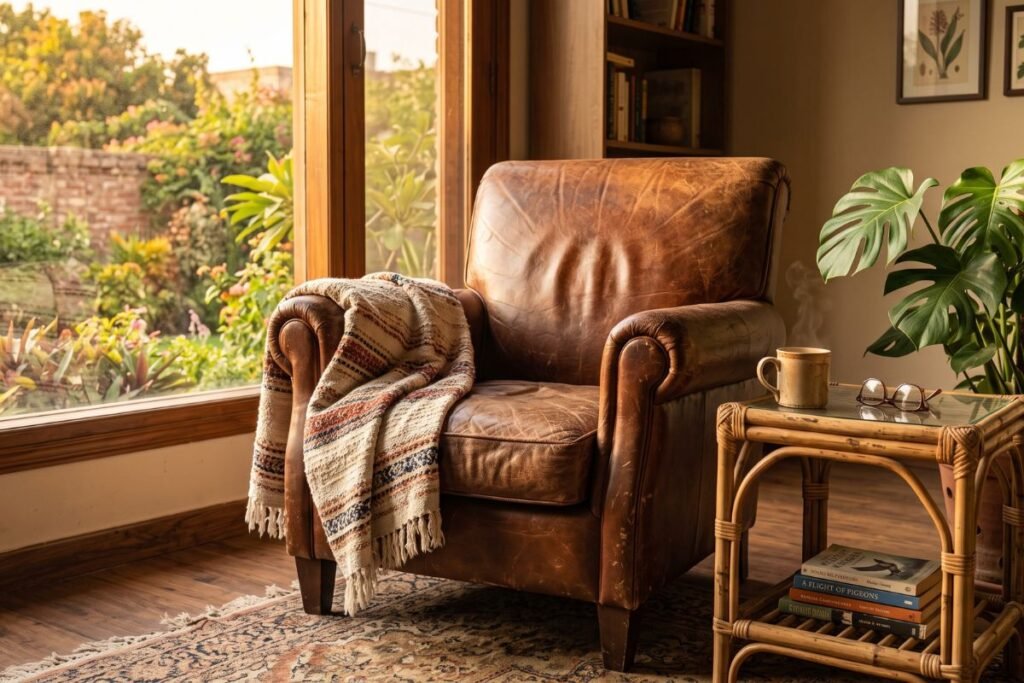 Boho living room ideas with a worn brown leather armchair