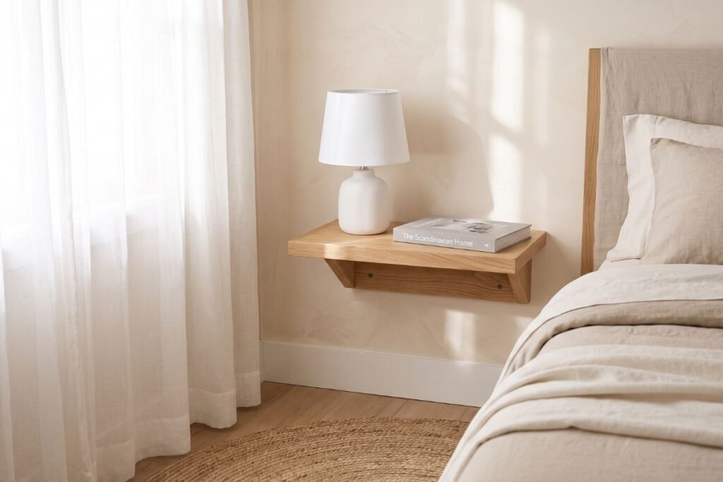 Wall mounted nightstand shelf in a small apartment bedroom