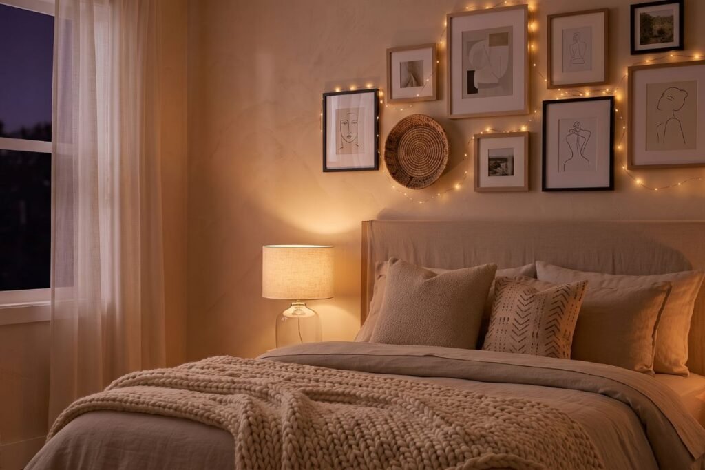 Warm layered lighting in a small apartment bedroom