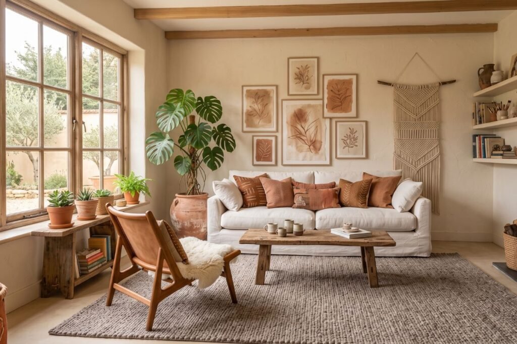Boho living room ideas with warm neutral walls and terracotta pillow accents