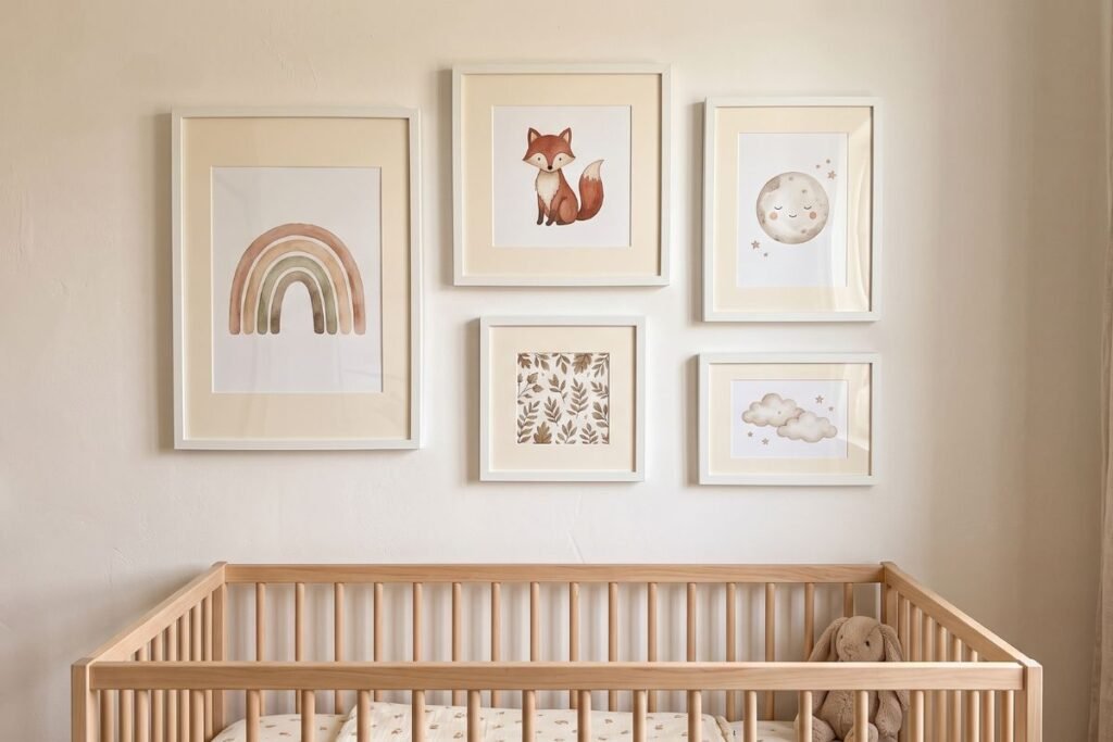 Whimsical gallery wall of playful art prints in a baby boy room