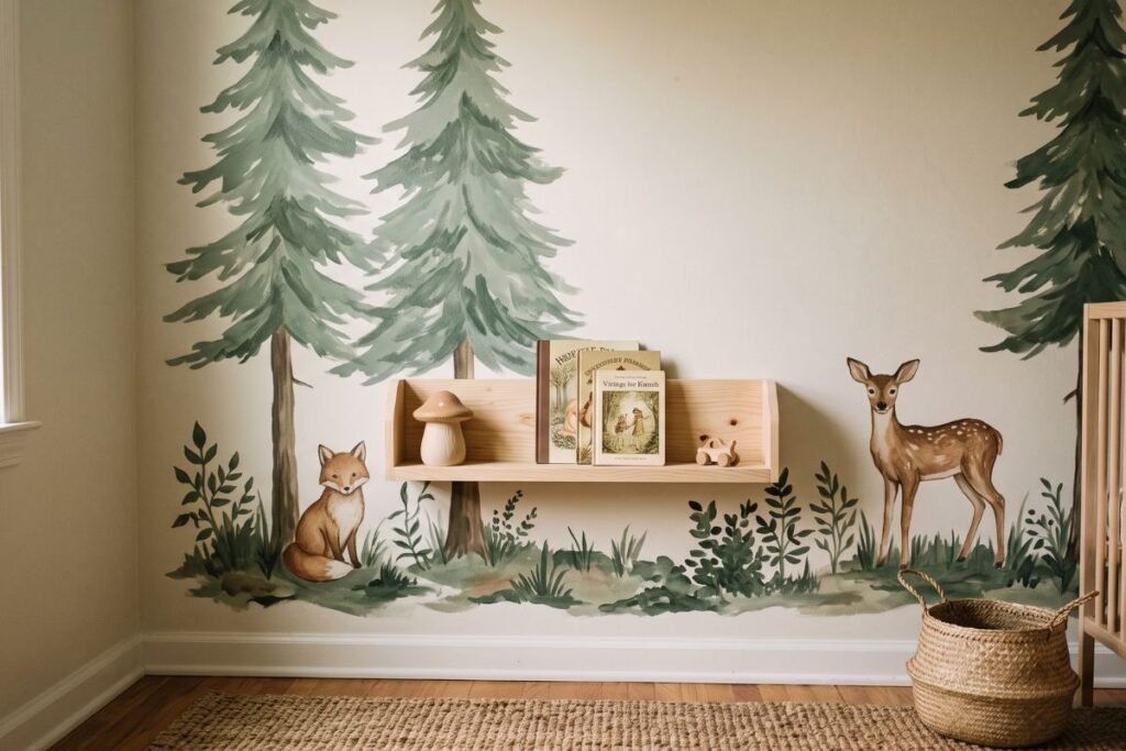 Whimsical woodland baby boy nursery corner with painted forest mural and fox wall art