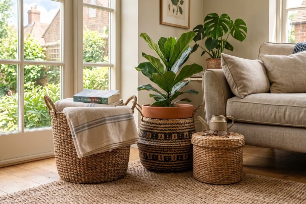 Boho living room ideas with woven storage baskets beside the sofa